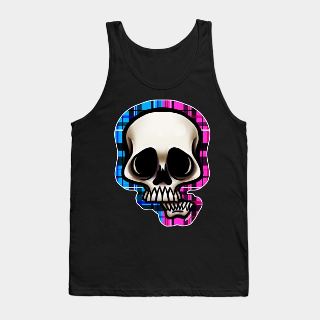 Pink and Blue Split Plaid Skull Tank Top by Jan Grackle